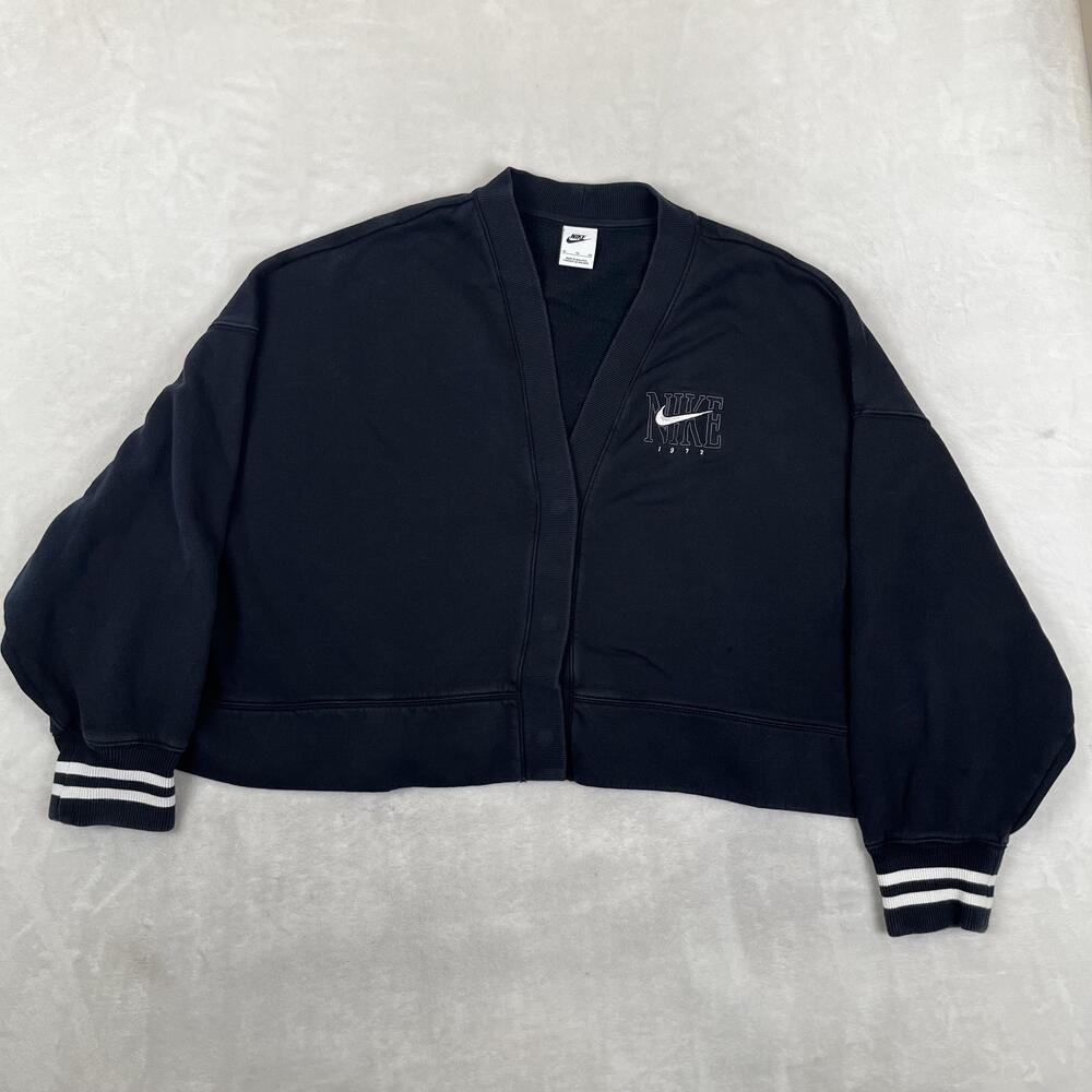 Nike Cardigan Sweatshirt Womens XL Black Fleece Open Front Cropped 1972 Logo